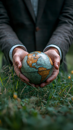 Concept illustration of the businessman holds the Earth, symbolizing eco-friendly business and protection of natureの素材