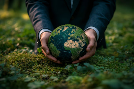 Concept illustration of the businessman holds the Earth, symbolizing eco-friendly business and protection of natureの素材