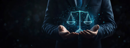 Concept illustration of a businessman holds the scales of justice with glowing data, symbolizing law and justice in businessの素材