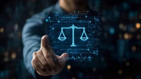 Concept illustration of a businessman holds the scales of justice with glowing data, symbolizing law and justice in businessの素材