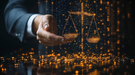 Concept illustration of a businessman holds the scales of justice with glowing data, symbolizing law and justice in businessの素材
