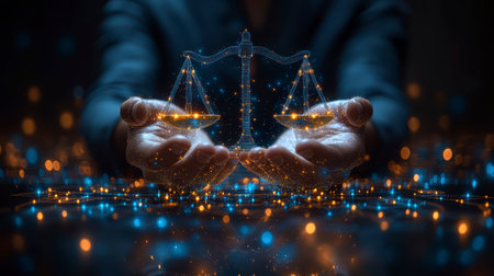 Concept illustration of a businessman holds the scales of justice with glowing data, symbolizing law and justice in businessの素材