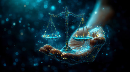 Concept illustration of a businessman holds the scales of justice with glowing data, symbolizing law and justice in businessの素材