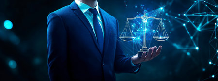 Concept illustration of a businessman holds the scales of justice with glowing data, symbolizing law and justice in businessの素材
