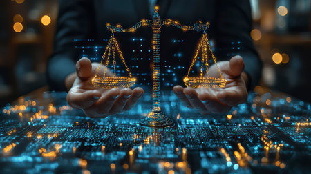 Concept illustration of a businessman holds the scales of justice with glowing data, symbolizing law and justice in businessの素材