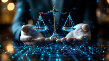 Concept illustration of a businessman holds the scales of justice with glowing data, symbolizing law and justice in businessの素材