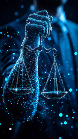 Concept illustration of a businessman holds the scales of justice with glowing data, symbolizing law and justice in businessの素材