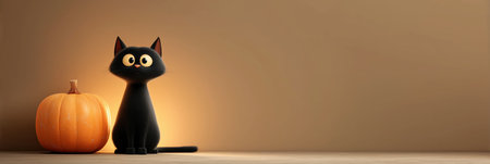 Cute black cat sitting near a pumpkin, autumn Halloween scene.の素材