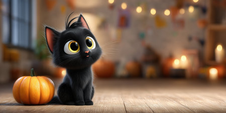 Cute black cat sitting near a pumpkin, autumn Halloween scene.の素材