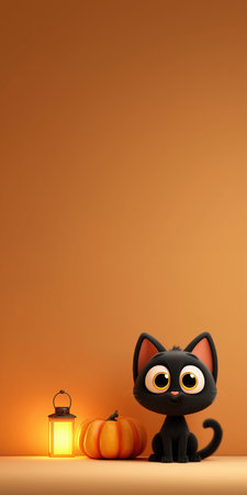 Cute black cat sitting near a pumpkin, autumn Halloween scene.の素材