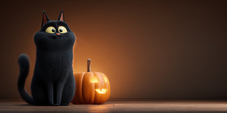 Cute black cat sitting near a pumpkin, autumn Halloween scene.の素材