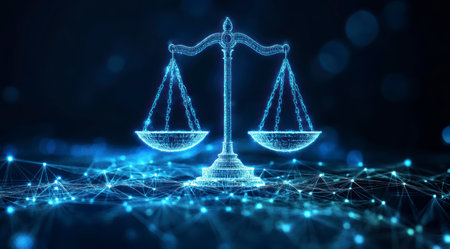 Concept illustration of the digital scales of justice against the backdrop of data and code symbolize the rule of law in the virtual worldの素材
