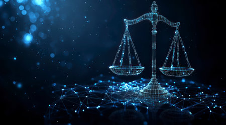 Concept illustration of the digital scales of justice against the backdrop of data and code symbolize the rule of law in the virtual worldの素材