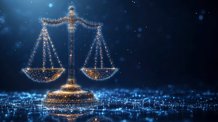 Concept illustration of the digital scales of justice against the backdrop of data and code symbolize the rule of law in the virtual worldの素材