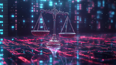 Concept illustration of the digital scales of justice against the backdrop of data and code symbolize the rule of law in the virtual worldの素材