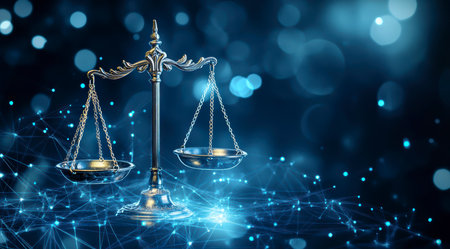 Concept illustration of the digital scales of justice against the backdrop of data and code symbolize the rule of law in the virtual worldの素材