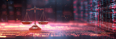 Concept illustration of the digital scales of justice against the backdrop of data and code symbolize the rule of law in the virtual worldの素材