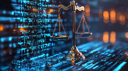 Concept illustration of the digital scales of justice against the backdrop of data and code symbolize the rule of law in the virtual worldの素材