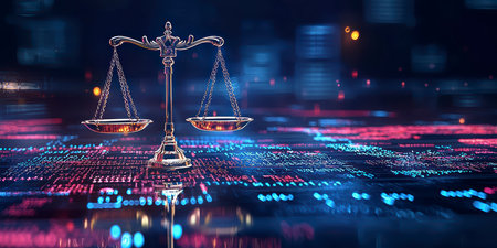 Concept illustration of the digital scales of justice against the backdrop of data and code symbolize the rule of law in the virtual worldの素材