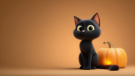 Cute black cat sitting near a pumpkin, autumn Halloween scene.の素材