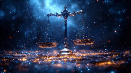 Concept illustration of the digital scales of justice against the backdrop of data and code symbolize the rule of law in the virtual worldの素材