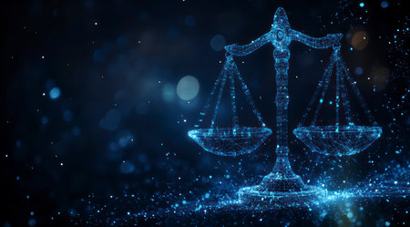 Concept illustration of the digital scales of justice against the backdrop of data and code symbolize the rule of law in the virtual worldの素材
