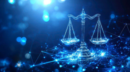 Concept illustration of the digital scales of justice against the backdrop of data and code symbolize the rule of law in the virtual worldの素材