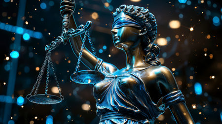 Concept illustration of the digital scales of justice against the backdrop of data and code symbolize the rule of law in the virtual worldの素材