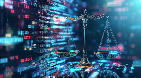 Concept illustration of the digital scales of justice against the backdrop of data and code symbolize the rule of law in the virtual worldの素材
