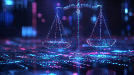 Concept illustration of the digital scales of justice against the backdrop of data and code symbolize the rule of law in the virtual worldの素材