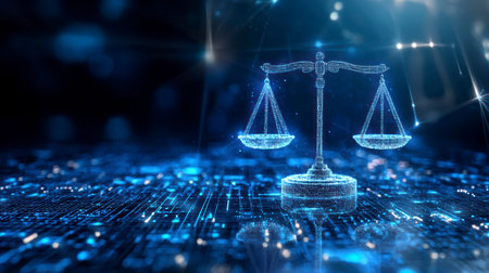 Concept illustration of the digital scales of justice against the backdrop of data and code symbolize the rule of law in the virtual worldの素材