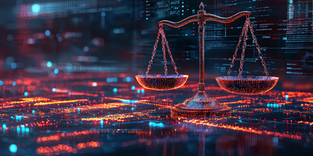 Concept illustration of the digital scales of justice against the backdrop of data and code symbolize the rule of law in the virtual worldの素材