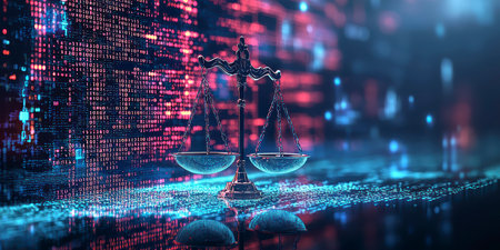 Concept illustration of the digital scales of justice against the backdrop of data and code symbolize the rule of law in the virtual worldの素材