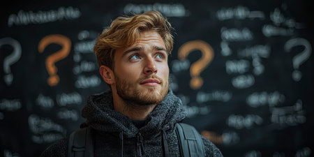 Concept illustration of a person at a blackboard with question marks, symbolizing confusion, decision making, and searching for answersの素材