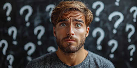 Concept illustration of a person at a blackboard with question marks, symbolizing confusion, decision making, and searching for answersの素材