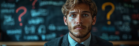 Concept illustration of a person at a blackboard with question marks, symbolizing confusion, decision making, and searching for answersの素材