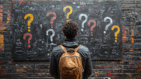 Concept illustration of a person at a blackboard with question marks, symbolizing confusion, decision making, and searching for answersの素材