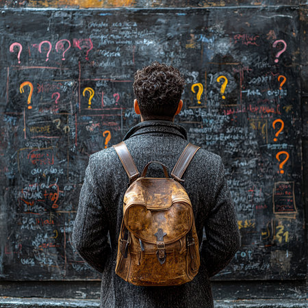 Concept illustration of a person at a blackboard with question marks, symbolizing confusion, decision making, and searching for answersの素材
