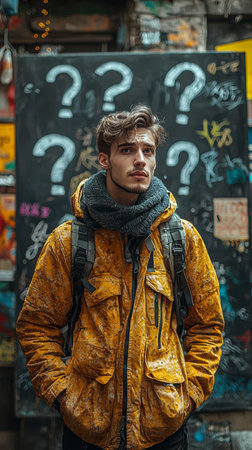 Concept illustration of a person at a blackboard with question marks, symbolizing confusion, decision making, and searching for answersの素材