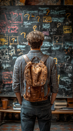 Concept illustration of a person at a blackboard with question marks, symbolizing confusion, decision making, and searching for answersの素材