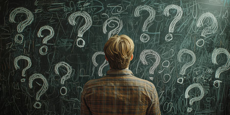 Concept illustration of a person at a blackboard with question marks, symbolizing confusion, decision making, and searching for answersの素材