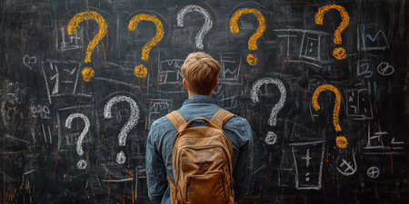 Concept illustration of a person at a blackboard with question marks, symbolizing confusion, decision making, and searching for answersの素材