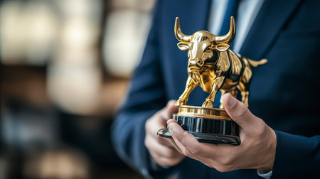 Concept illustration of a financial broker in a suit holds a golden bull statuette for the best performance in the market.の素材