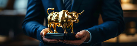 Concept illustration of a financial broker in a suit holds a golden bull statuette for the best performance in the market.の素材