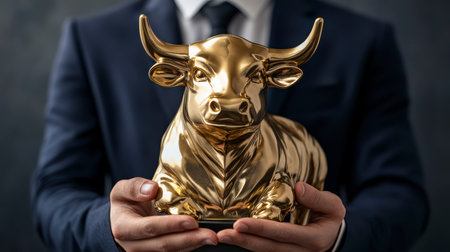 Concept illustration of a financial broker in a suit holds a golden bull statuette for the best performance in the market.の素材