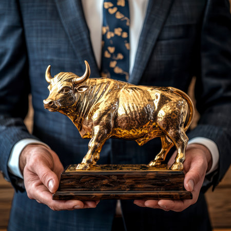 Concept illustration of a financial broker in a suit holds a golden bull statuette for the best performance in the market.の素材