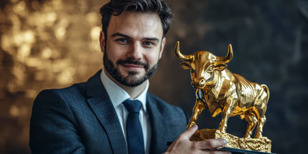 Concept illustration of a financial broker in a suit holds a golden bull statuette for the best performance in the market.の素材
