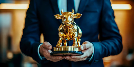 Concept illustration of a financial broker in a suit holds a golden bull statuette for the best performance in the market.の素材