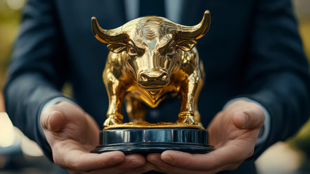 Concept illustration of a financial broker in a suit holds a golden bull statuette for the best performance in the market.の素材