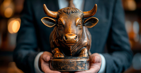 Concept illustration of a financial broker in a suit holds a golden bull statuette for the best performance in the market.の素材